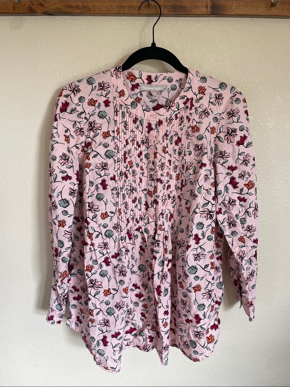 Woman Within Cotton Pink Floral Pintuck Front Blouse 14/16 M Peasant Boho Modest